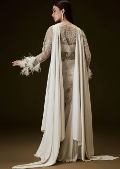 Off White Sequence Embroidered Sharara Set With Feather Sleeves Jacket And Bustier
