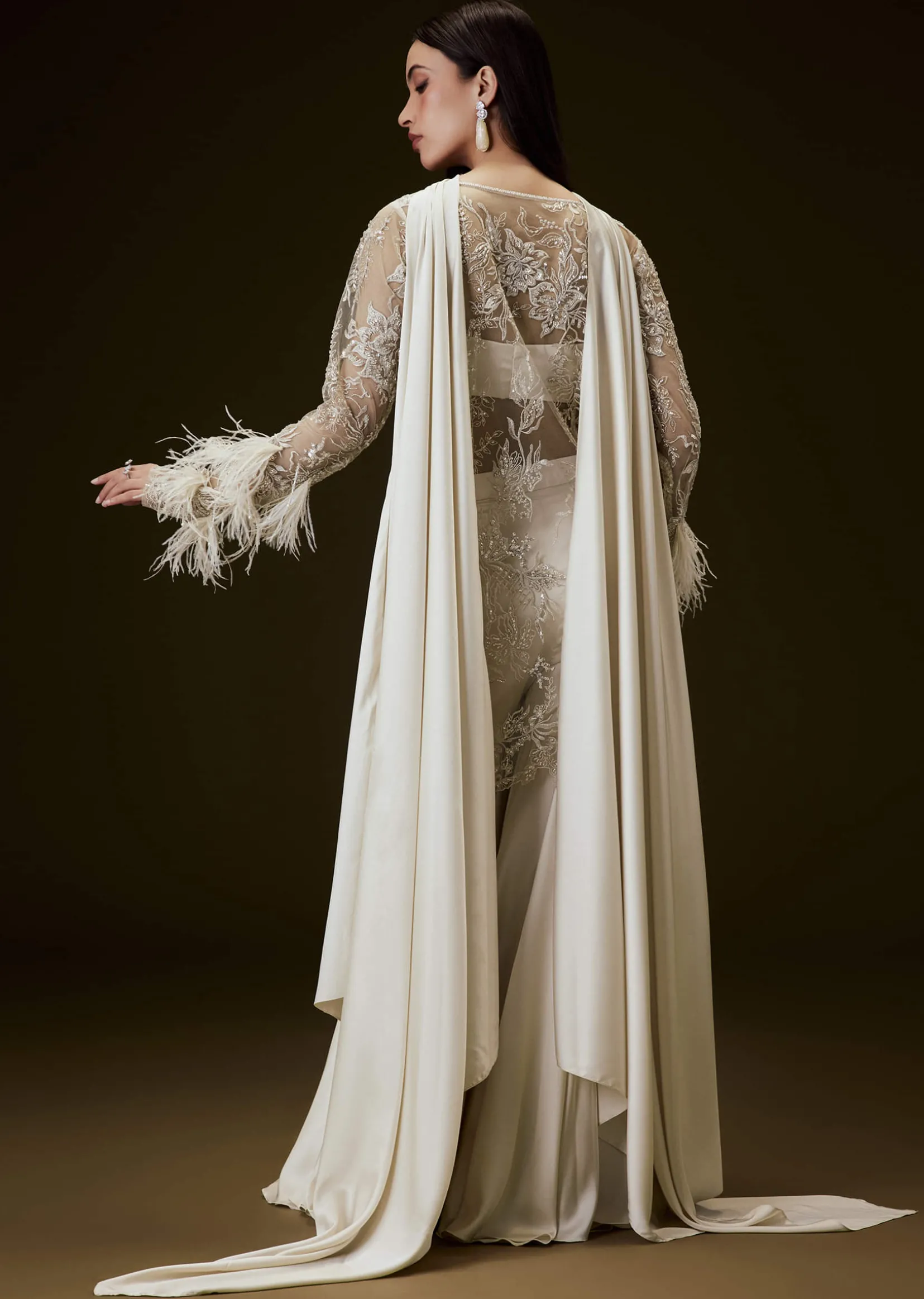 Off White Sequence Embroidered Sharara Set With Feather Sleeves Jacket And Bustier