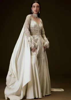 Off White Sequence Embroidered Sharara Set With Feather Sleeves Jacket And Bustier