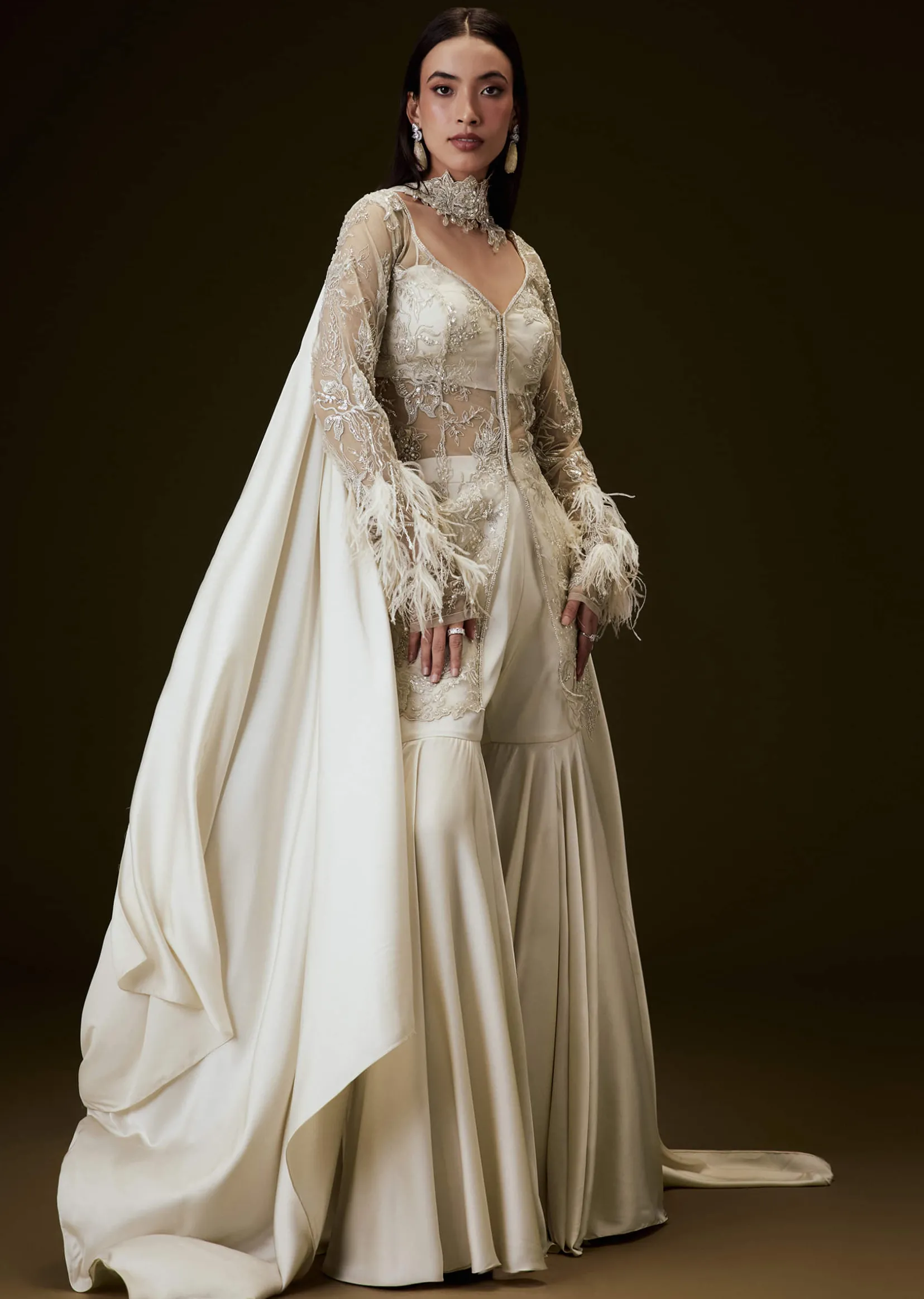 Off White Sequence Embroidered Sharara Set With Feather Sleeves Jacket And Bustier