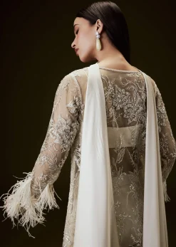 Off White Sequence Embroidered Sharara Set With Feather Sleeves Jacket And Bustier