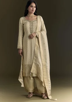 Off White Sequin Zardosi Kurta With Zari Badla Work Border Dupatta