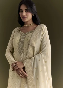 Off White Sequin Zardosi Kurta With Zari Badla Work Border Dupatta