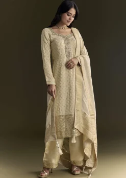 Off White Sequin Zardosi Kurta With Zari Badla Work Border Dupatta