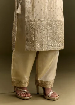 Off White Sequin Zardosi Kurta With Zari Badla Work Border Dupatta