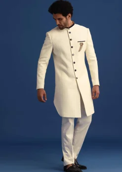 Off White Silk Blend Jodhpuri Set with Textured Detail