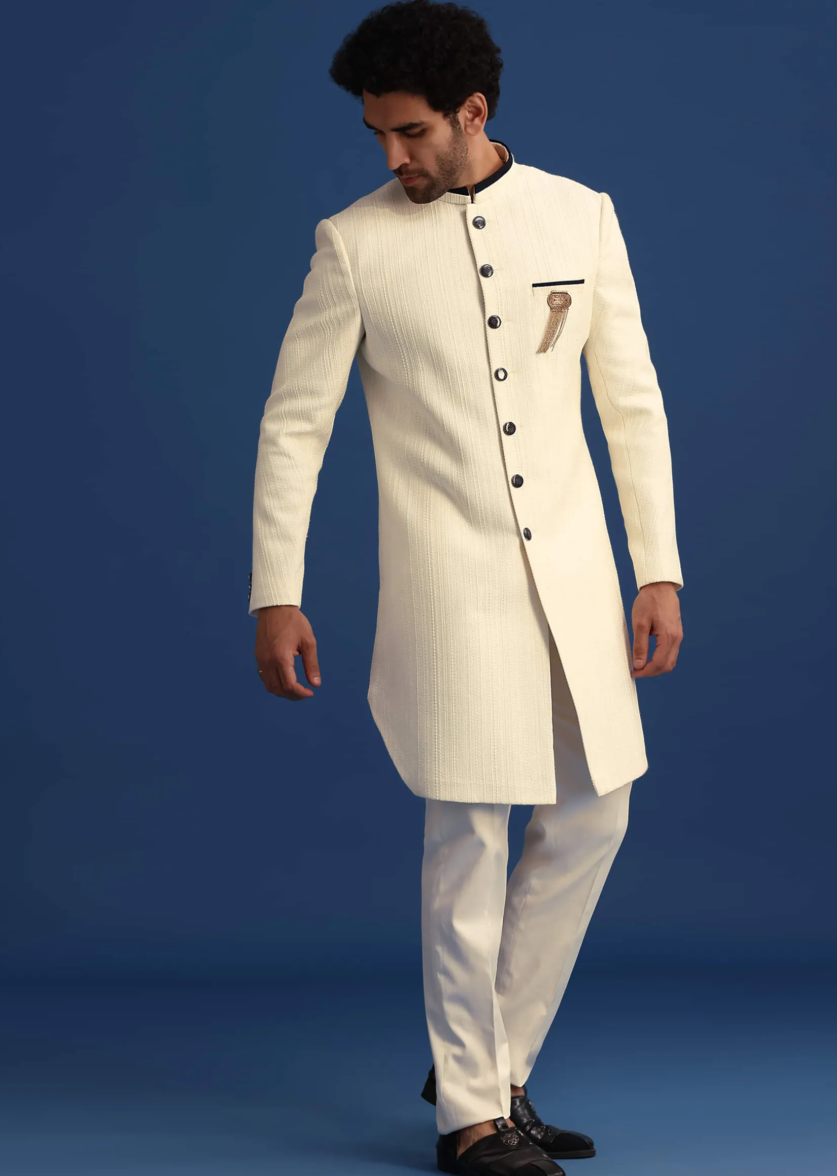 Off White Silk Blend Jodhpuri Set with Textured Detail