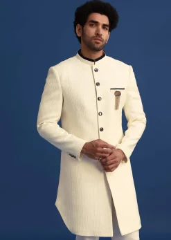 Off White Silk Blend Jodhpuri Set with Textured Detail
