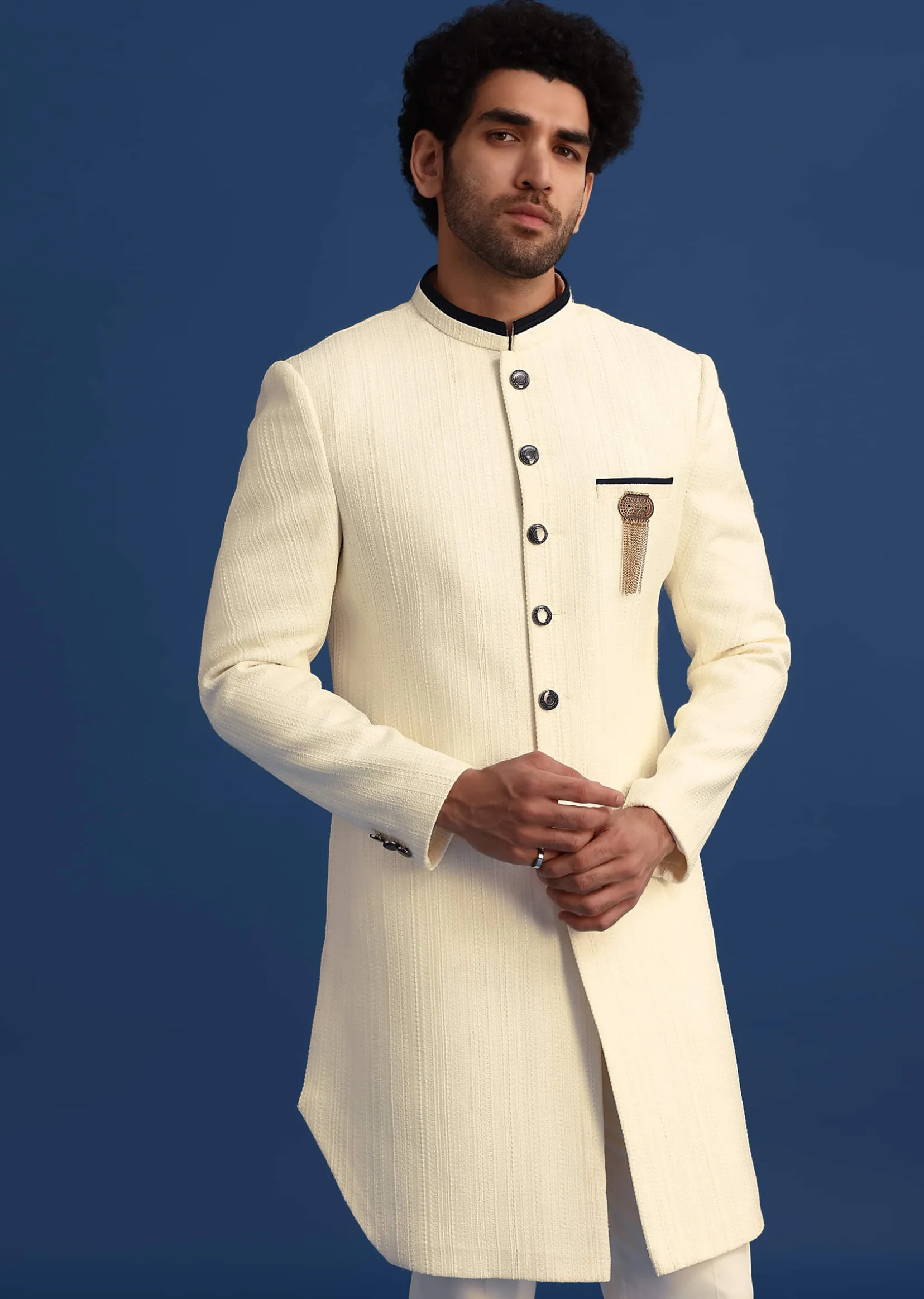 Off White Silk Blend Jodhpuri Set with Textured Detail