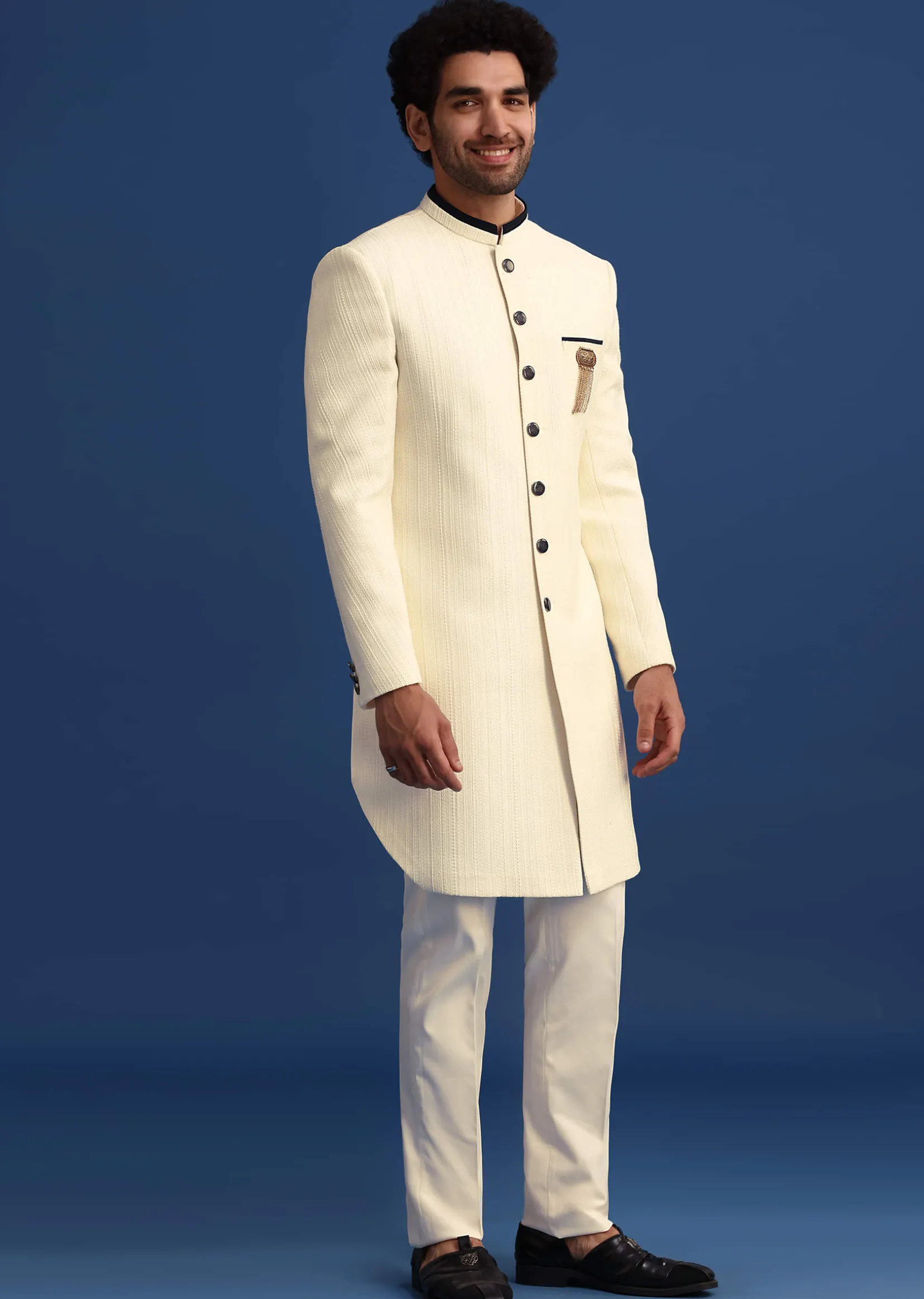 Off White Silk Blend Jodhpuri Set with Textured Detail