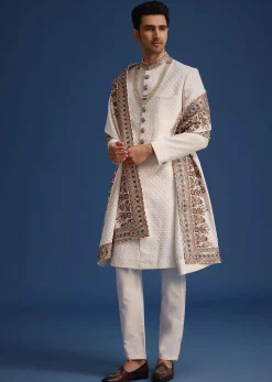 Off White Silk Embroidered Sherwani Set With Dupatta
