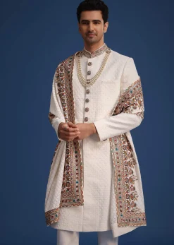 Off White Silk Embroidered Sherwani Set With Dupatta