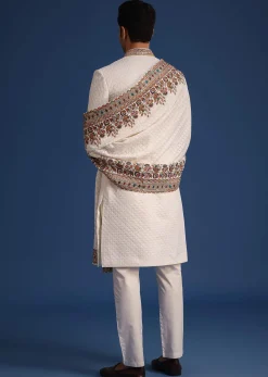 Off White Silk Embroidered Sherwani Set With Dupatta