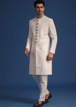 Off White Silk Embroidered Sherwani Set With Dupatta