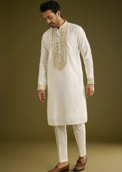 Off White Silk Kurta Set With Mirror Thread Embroidered Yoke