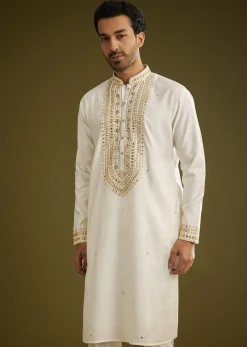 Off White Silk Kurta Set With Mirror Thread Embroidered Yoke