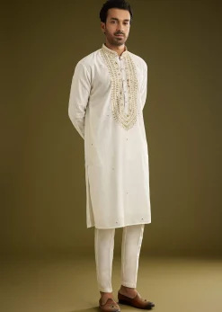 Off White Silk Kurta Set With Mirror Thread Embroidered Yoke