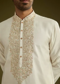 Off White Silk Kurta Set With Embroidered Yoke