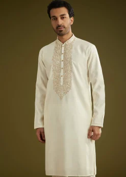 Off White Silk Kurta Set With Embroidered Yoke
