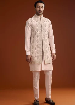 Off White Silk Kurta With Mirror And Thread Work Jacket