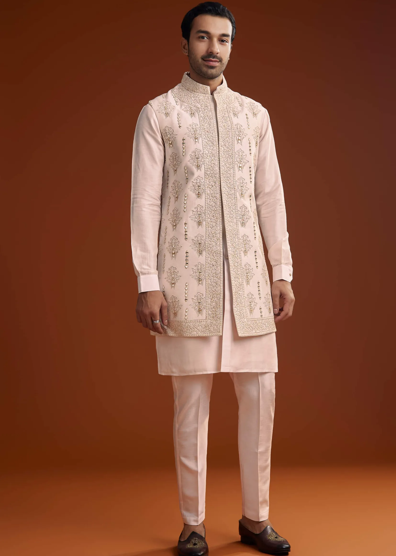 Off White Silk Kurta With Mirror And Thread Work Jacket