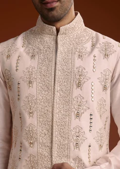 Off White Silk Kurta With Mirror And Thread Work Jacket