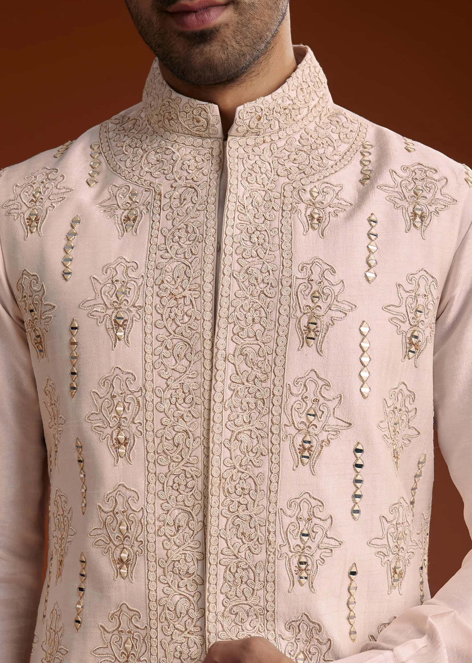 Off White Silk Kurta With Mirror And Thread Work Jacket