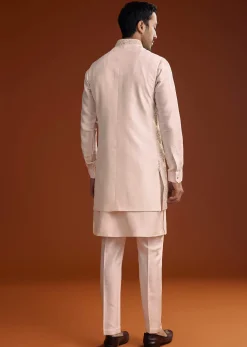 Off White Silk Kurta With Mirror And Thread Work Jacket