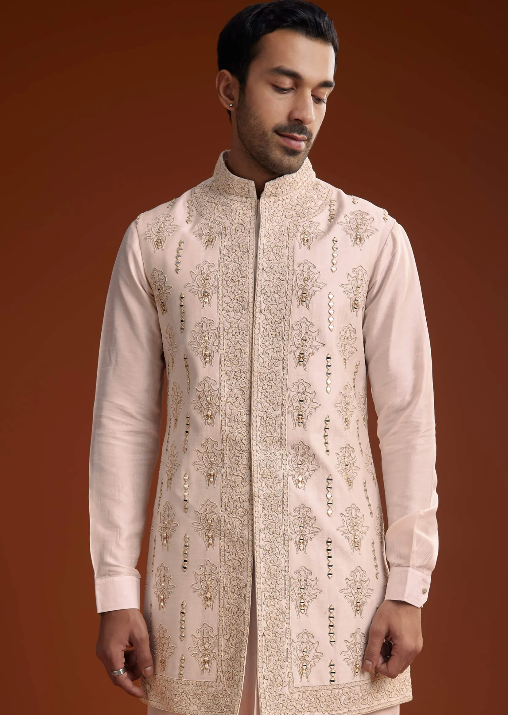 Off White Silk Kurta With Mirror And Thread Work Jacket