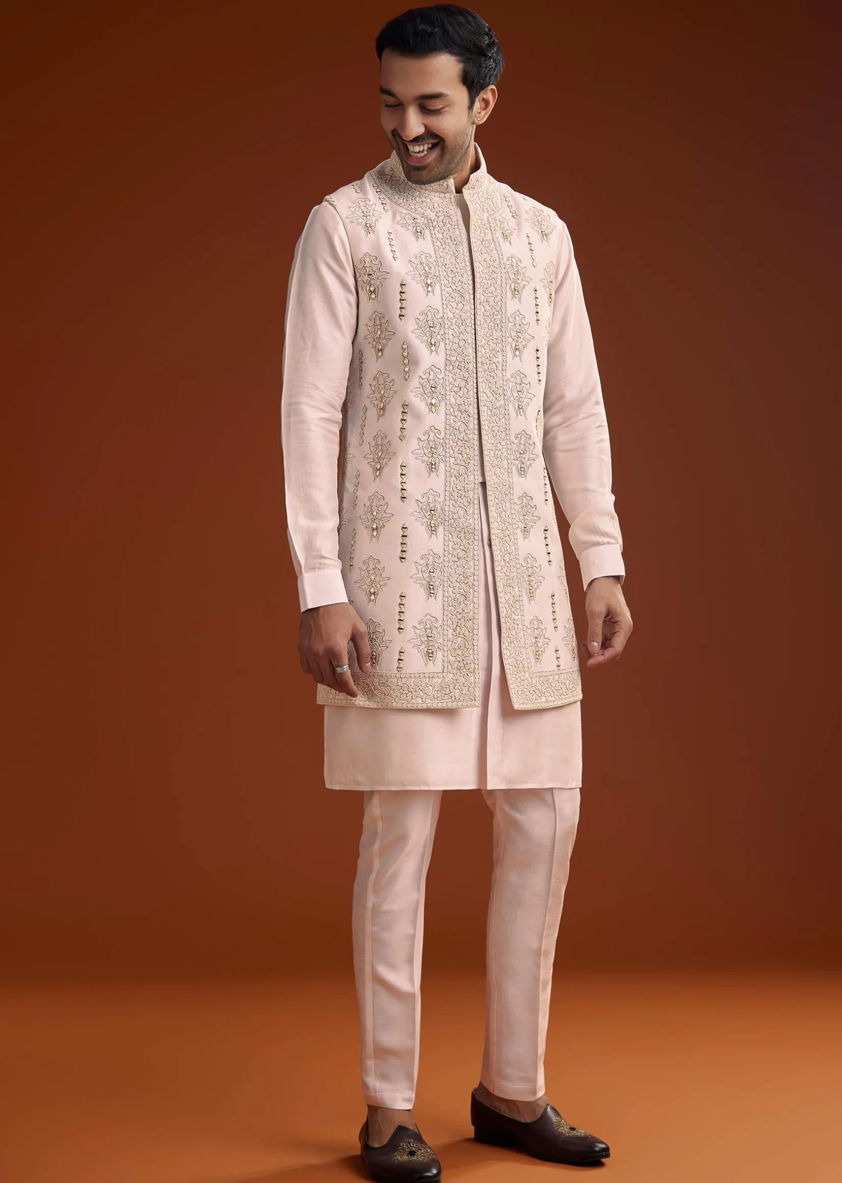 Off White Silk Kurta With Mirror And Thread Work Jacket