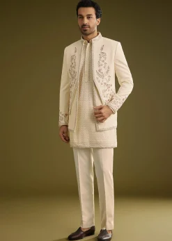Off White Silk Lucknowi Indo Western Set With Resham Threadwork