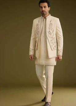 Off White Silk Lucknowi Indo Western Set With Resham Threadwork