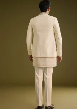 Off White Silk Lucknowi Indo Western Set With Resham Threadwork