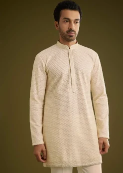 Off White Silk Lucknowi Indo Western Set With Resham Threadwork