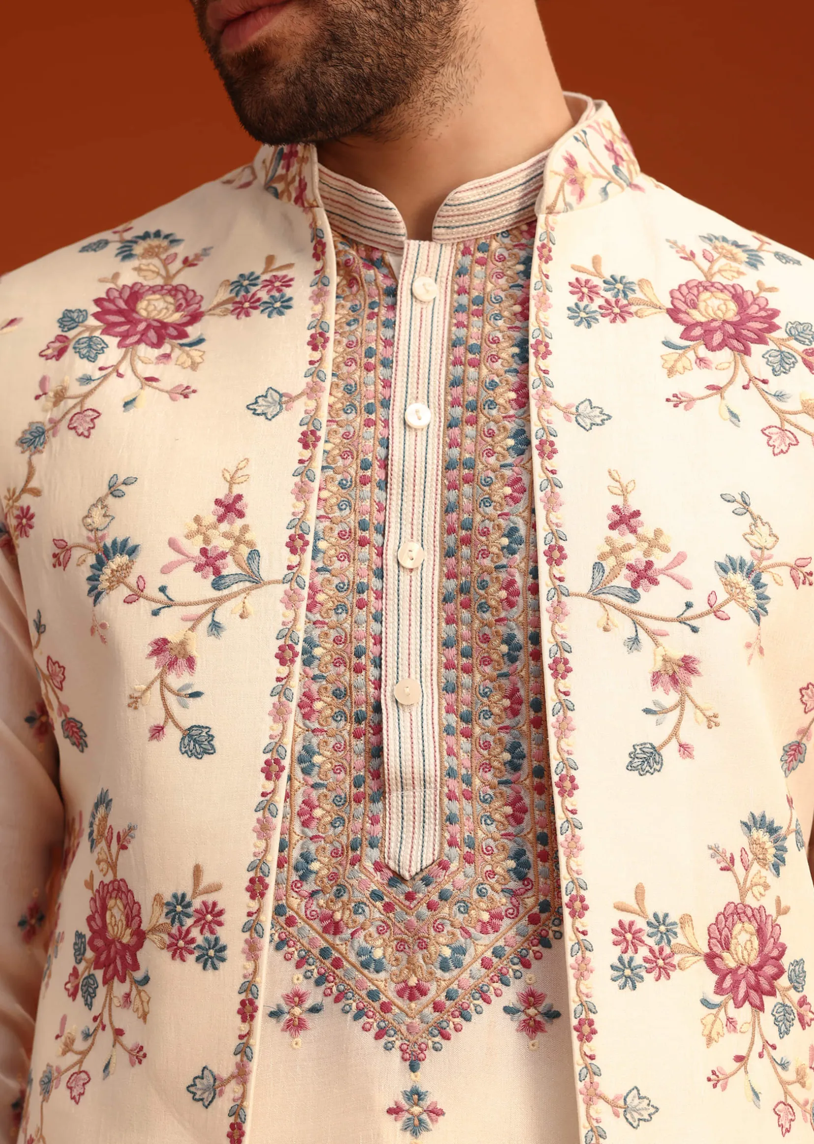Off White Silk Resham Work Kurta Jacket Set