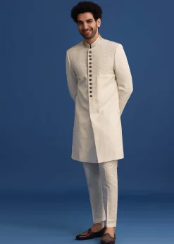 Off White Silk Sherwani Set With Zari Embroidery