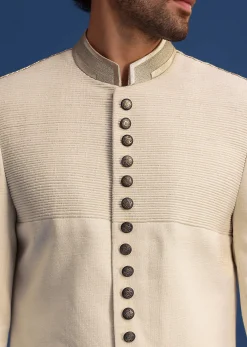 Off White Silk Sherwani Set With Zari Embroidery