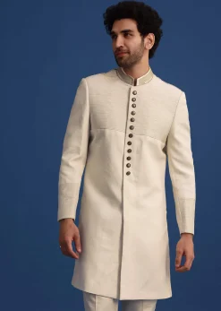 Off White Silk Sherwani Set With Zari Embroidery