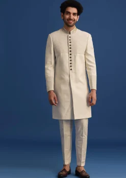Off White Silk Sherwani Set With Zari Embroidery