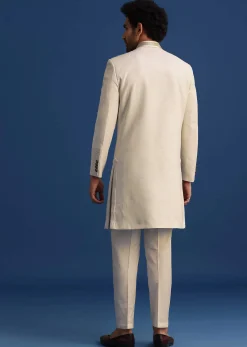 Off White Silk Sherwani Set With Zari Embroidery