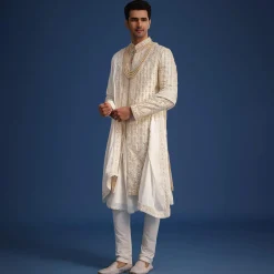 Off White Silk Sherwani Set With Dupatta