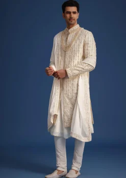 Off White Silk Sherwani Set With Dupatta