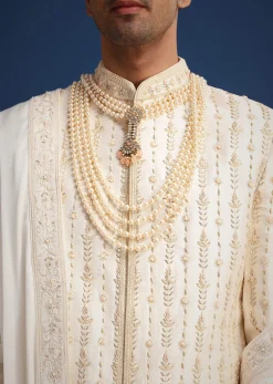 Off White Silk Sherwani Set With Dupatta