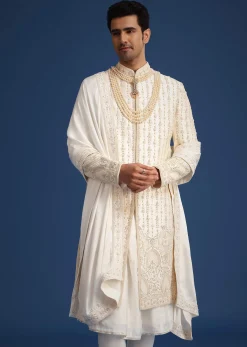 Off White Silk Sherwani Set With Dupatta