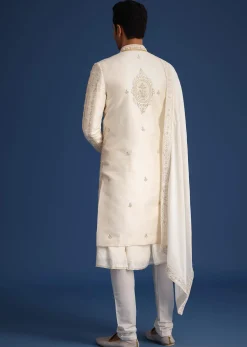 Off White Silk Sherwani Set With Dupatta