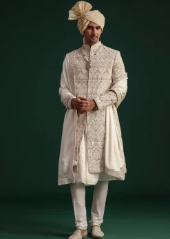 Off White Silk Threadwork Sherwani Suit With Dupatta And Mala
