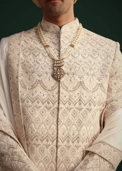 Off White Silk Threadwork Sherwani Suit With Dupatta And Mala