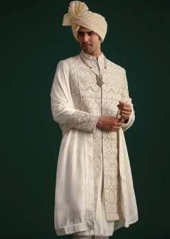 Off White Silk Threadwork Sherwani Suit With Dupatta And Mala