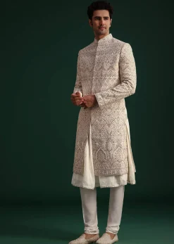 Off White Silk Threadwork Sherwani Suit With Dupatta And Mala
