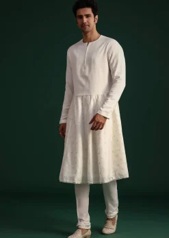 Off White Silk Threadwork Sherwani Suit With Dupatta And Mala